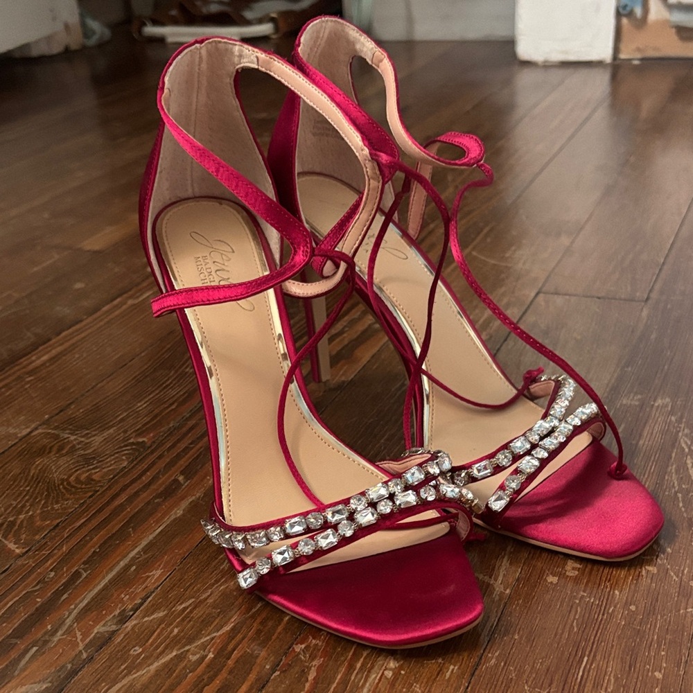 Elegant Red Satin Heels with Rhinestone Accents